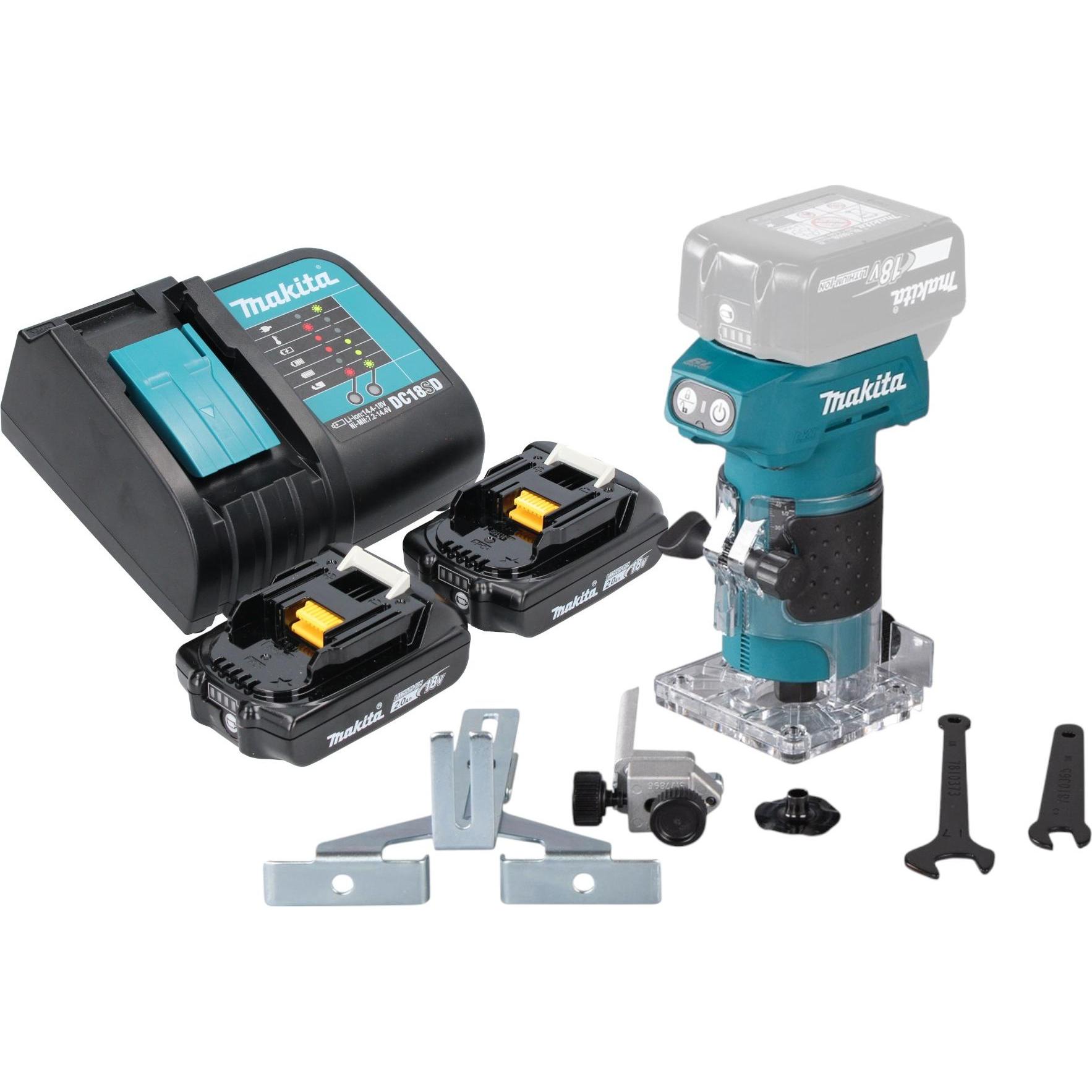 Makita, Fräse, DRT 52 SA Akku Kantenfräse 18 V 6 mm Brushless + 2x Akku 2,0 Ah + Ladegerät