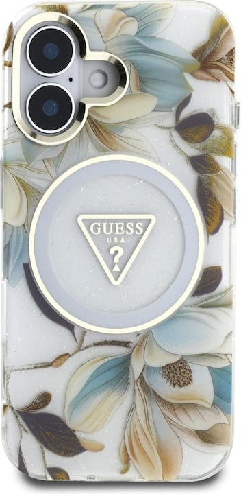Produktbild Guess Glitter Flowers Triangle Buttons MagSafe case for iPhone 16 white (Apple iPhone 16)