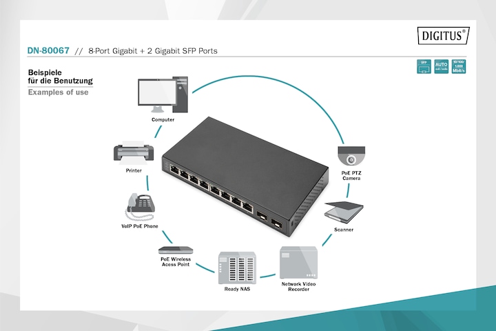 Image du produit Digitus 8 ports Gigabit + 2 ports SFP Gigabit (8 Ports)