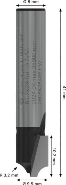 Produktbild Bosch Professional Zubehör Viertelstabfräser, 8 mm, R1 3,2 mm, D 9,5 mm, L 10,2 mm, G 41 mm