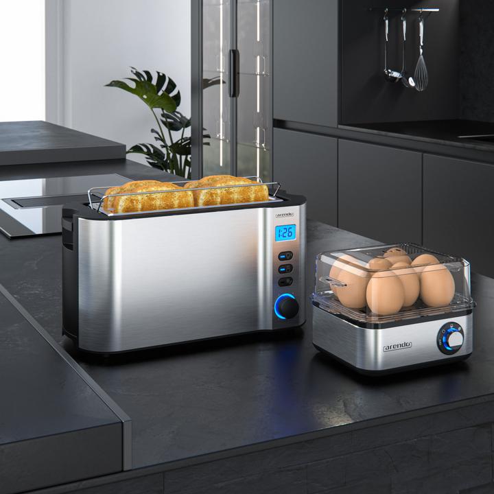 Actual product image Arendo Breakfast set, 4-slice long slot toaster with bun rack & egg cooker for 8 eggs, silver