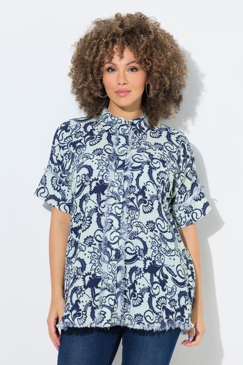 Immagine prodotto Ulla Popken Musselinbluse, Blätter, Oversized, Halbarm, Fransensaum (58)