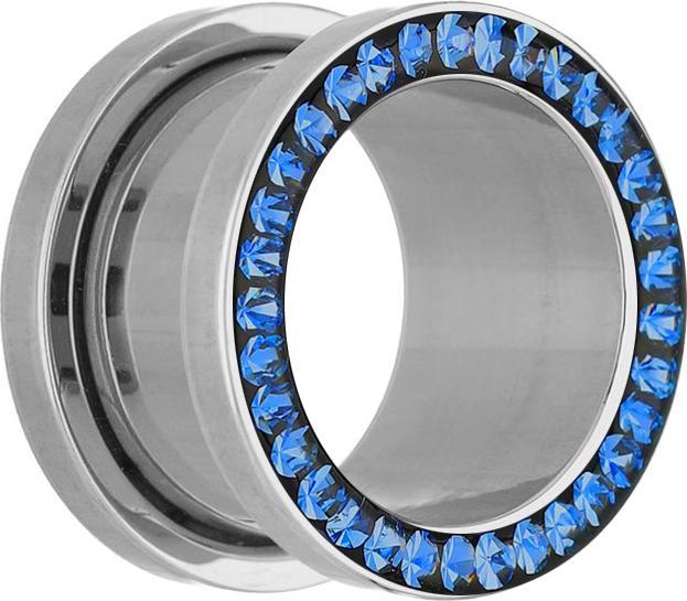 Actual product image Star Piercing Flesh Tunnel silver with crystal dark blue and epoxy protection layer (without brass, Surgical steel 316L)