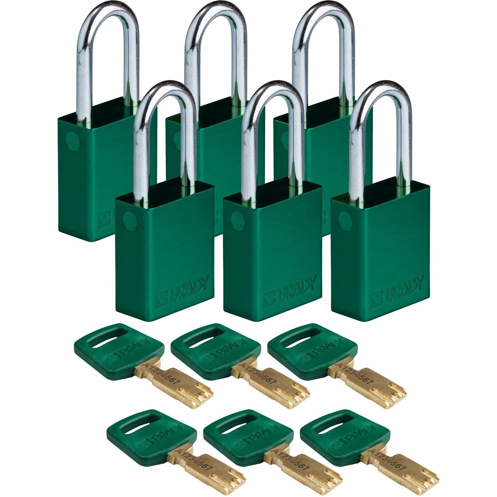 Brady, Vorhängeschloss, Safekey Aluminium-Vorhängeschloss mit Stahlbügel, Grün, 38 mm Bügelhöhe, 6.4 mm Bügeldurchme