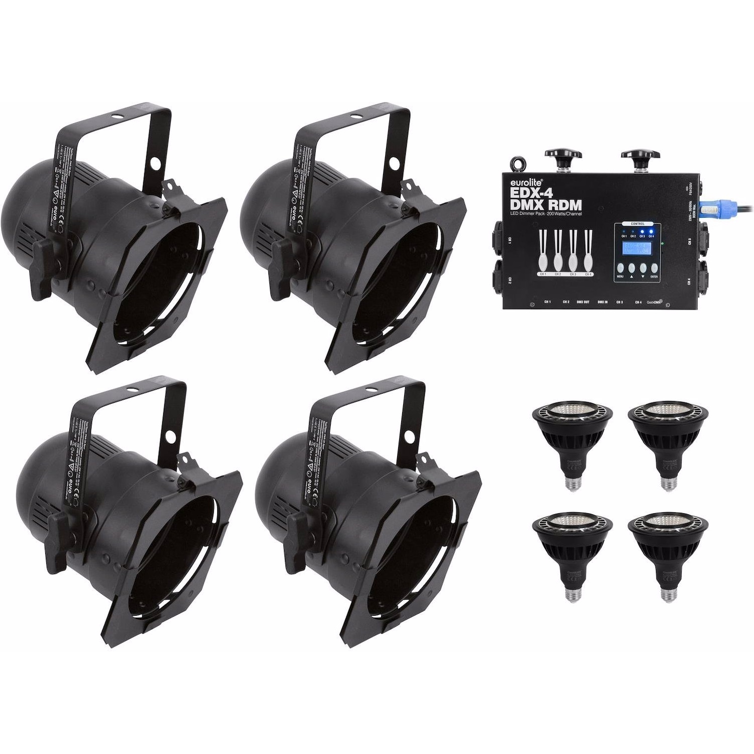 Eurolite Set 4x PAR-38 Spot sw dim2warm + EDX-4 DMX RDM LED-Dimmerpack, Licht Set