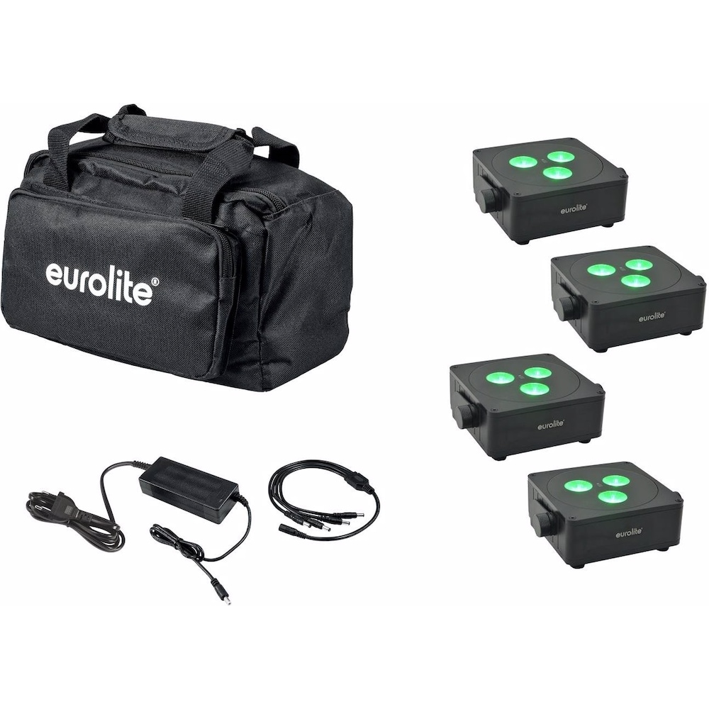 Eurolite Set 4x AKKU IP Flat Light 3 sw + Ladenetzteil + Soft-Bag, Licht Set