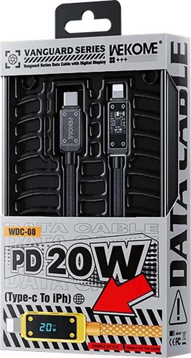 Productafbeelding Wekome WDC-08 Vanguard-Serie – USB-C-zu-Lightning-Schnelllade-PD-Verbindungskabel 20 W 1 m (trüb) (1 m, 20 W)
