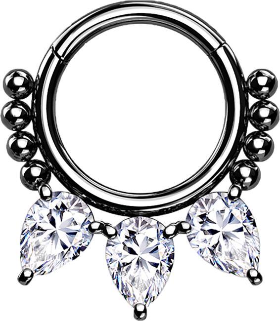 Produktbild Star Piercing Micro Segmentring klappbar schwarz Kugeln und drei tropfen Kristalle (ohne Messing, Chirurgenstahl 316L)