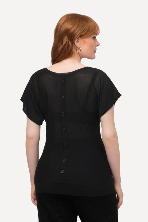 Image du produit Ulla Popken T-shirt en lin mélangé à col rond et manches courtes, boutons dans le dos (54)