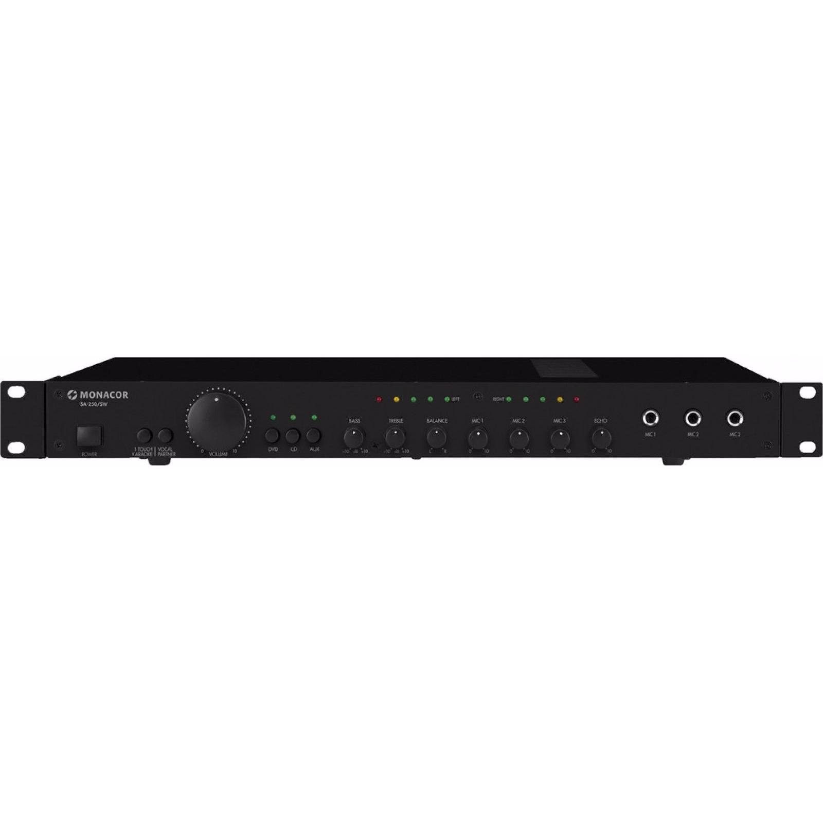 Monacor Stereo-Mischverstaerker, 3xIn 3xMik 2x100W, 1HE, Effektgerät, Schwarz