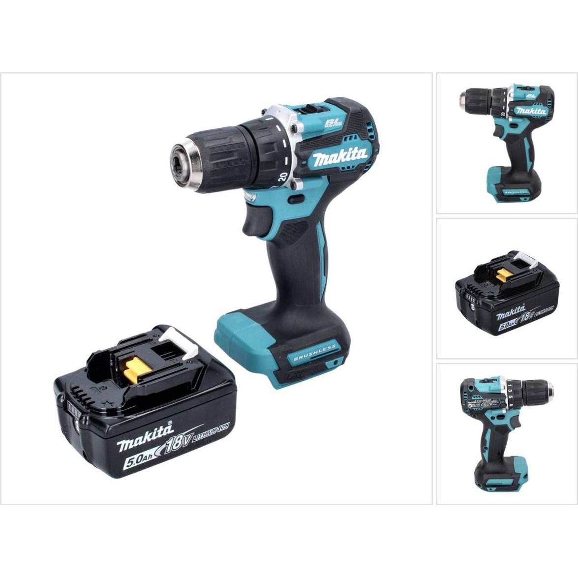 Makita, Bohrmaschine + Akkuschrauber, DDF 487 T1 Akku Bohrschrauber 18 V 40 Nm Brushless + 1x Akku 5,0 Ah - ohne Ladeger...