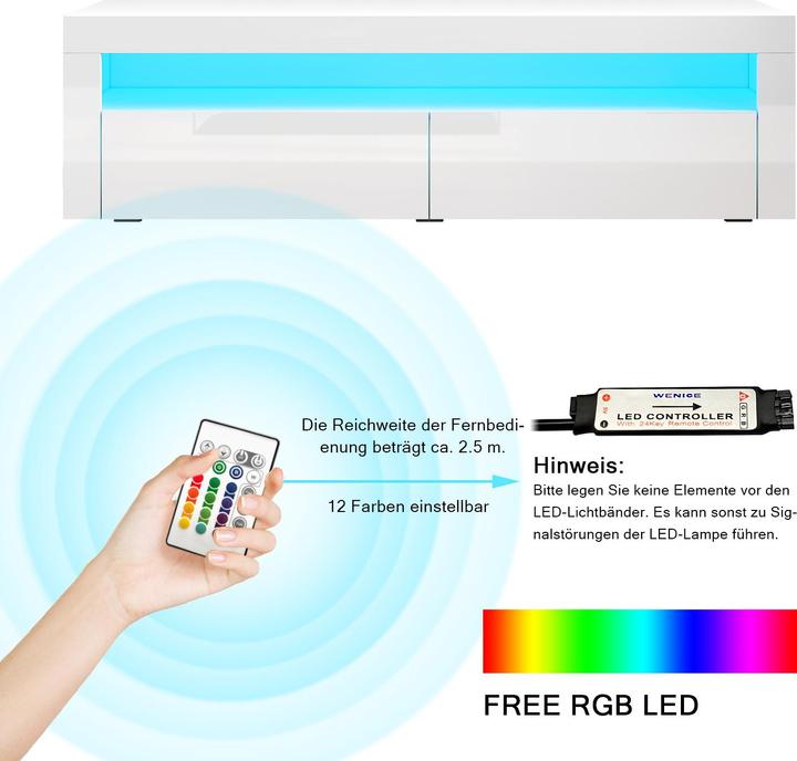 Immagine prodotto SONNI TV-Oberschrank mit LED-Beleuchtung (in 12 Farben konfigurierbar), 155 x 40 x 45 cm, Weiss Hochg