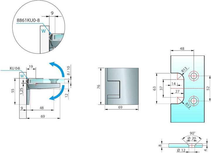 Actual product image Pauli+Sohn Lift-and-lower swing shower door hinges PAVONE 8391