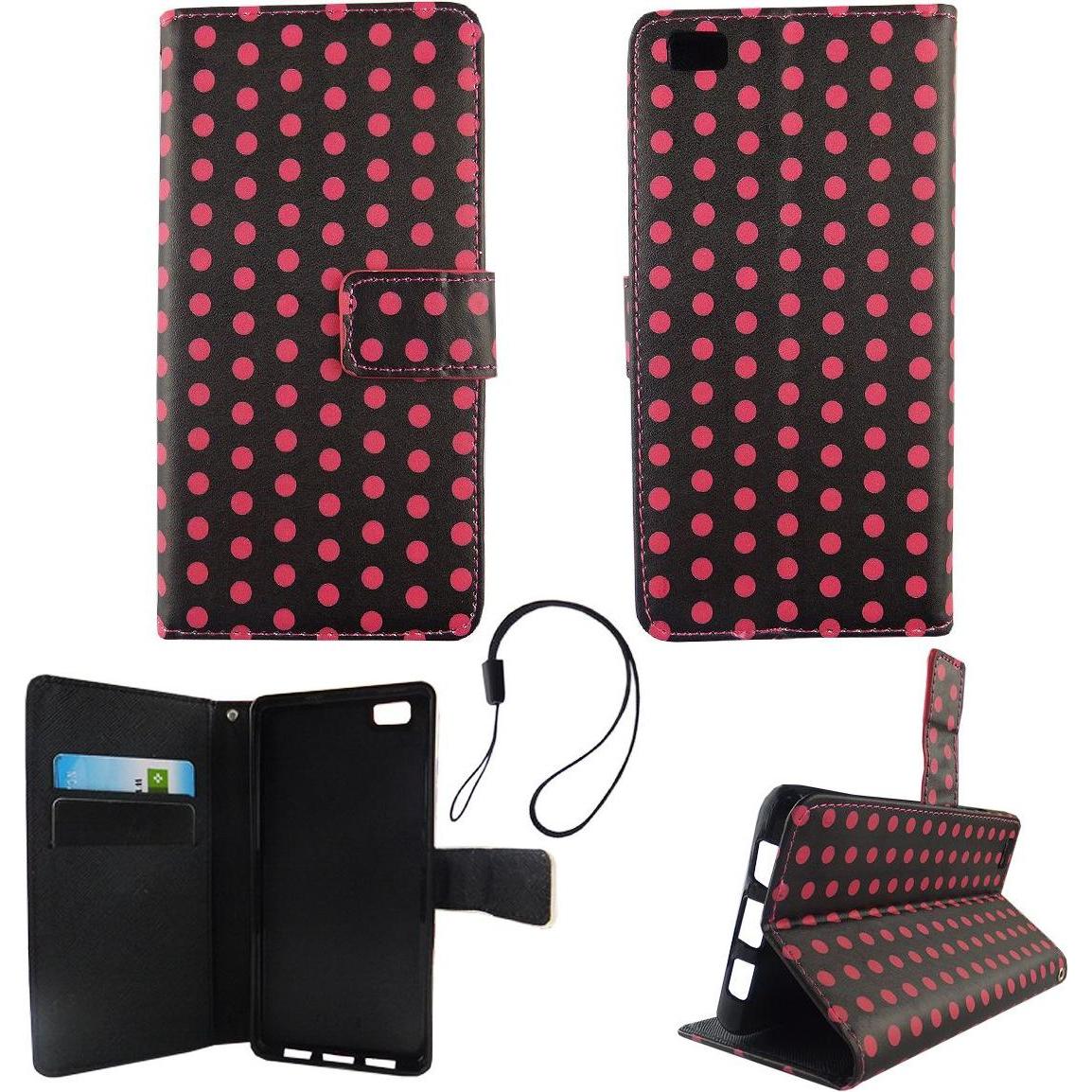 König Design Schutz Hülle für Huawei P8 Lite Polka Dot Schwarz Pink Cover Case Book Style (Huawei P8 Lite), Smartphone H...