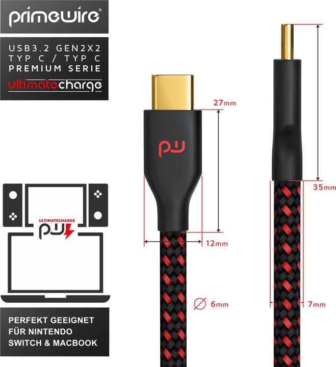 Image du produit Primewire Câble USB-C 3.1 vers USB C Gen 2 / Câble de charge / Câble de données pour smartphone, tablette (1 m, USB 3.1)