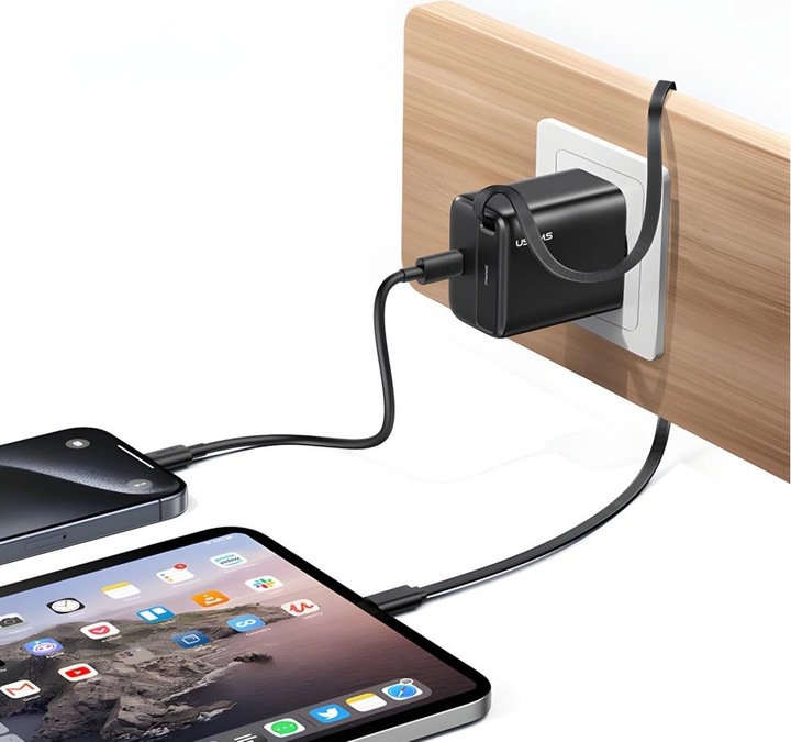 Produktbild Usams Ład. siec. 1xUSB-C ze zwijanym kablem USB-C Retractable PD+QC 30W Gan Fast Charging czarny/bla (30 W)