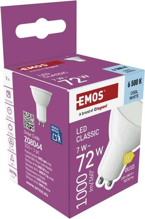 Produktbild Emos LED Lampe Classic MR16 Weiss/ GU10 / 7 W (72 W) / 1000 lm / Kalt-Weiss (GU10, 1000 lm, 1x)