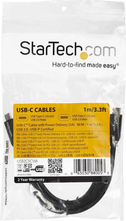 Image du produit StarTech Câble USB-C vers USB-C avec 5A Power Delivery - St/St - 1m - USB 2.0 - Certifié USB-IF - USB Ty... (1 m, USB 2.0, 5 W)