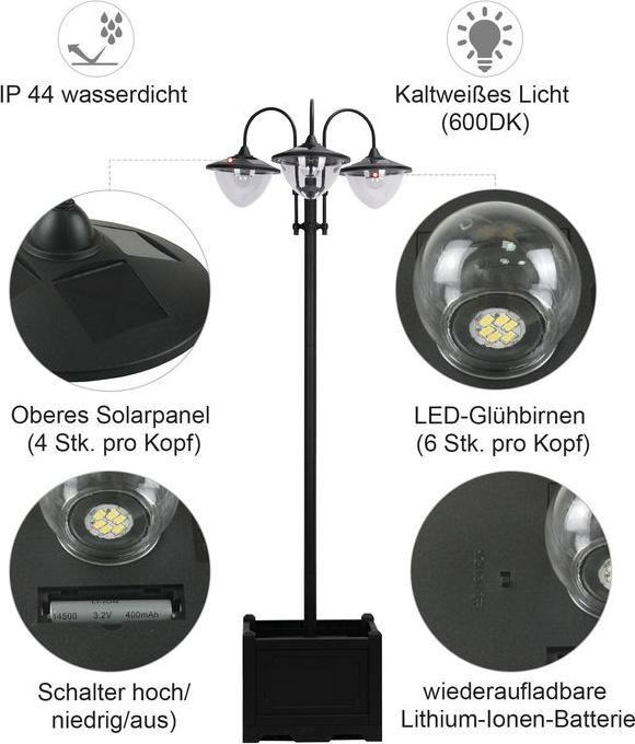 Produktbild Swisshandel24 Solarleuchte Gartenlicht 3-köpfige Lampe mit Blumentopf-Basis Wasserdicht Edelstahl 60 x 55 x 189 cm (IP44)