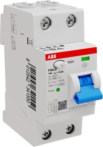 Actual product image ABB F202B-16/0.3-2TE RCD circuit breaker typeB 2P 16A 300mA 3kA 2TE