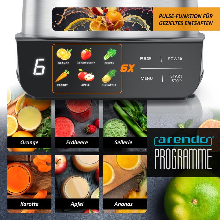 Actual product image Arendo Zentrifugalentsafter,1000W, Edelstahl, XXL-Einfüllschacht, Programme, BPA-frei, Display, Tropfstopp