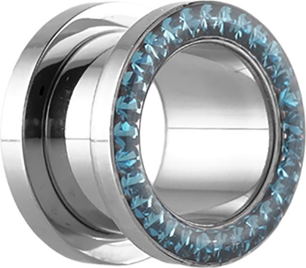 Actual product image Star Piercing Flesh Tunnel High Polished with crystal aqua and epoxy protective layer (Surgical steel 316L, without brass)