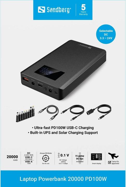 Productafbeelding Sandberg Laptop Powerbank 20000 PD100W (20000 mAh, 100 W, 74 Wh)