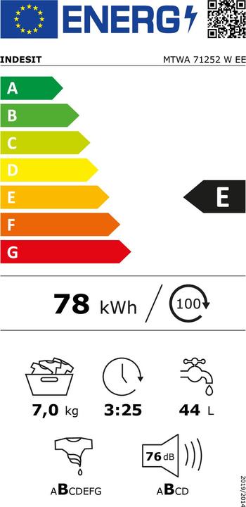 Energie-Label Indesit Washing machine MTWA 71252 W EE, Front loading, E, Washing capacity 7 kg, 1200 RPM, Depth 54 (7 kg, Links)