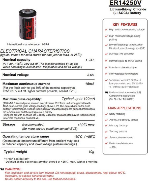 Actual product image Eve Batterie Batterie ER14250V mit Kabel und Stecker z.B. als Stromversorgung für Display (1 pcs., 1/2 AA, 1200 mAh)