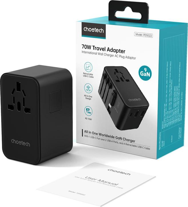 Produktbild Choetech PD5022 70W EU/US/AUS/UK Travel Adapter with Built-in USB-C Cable - Black