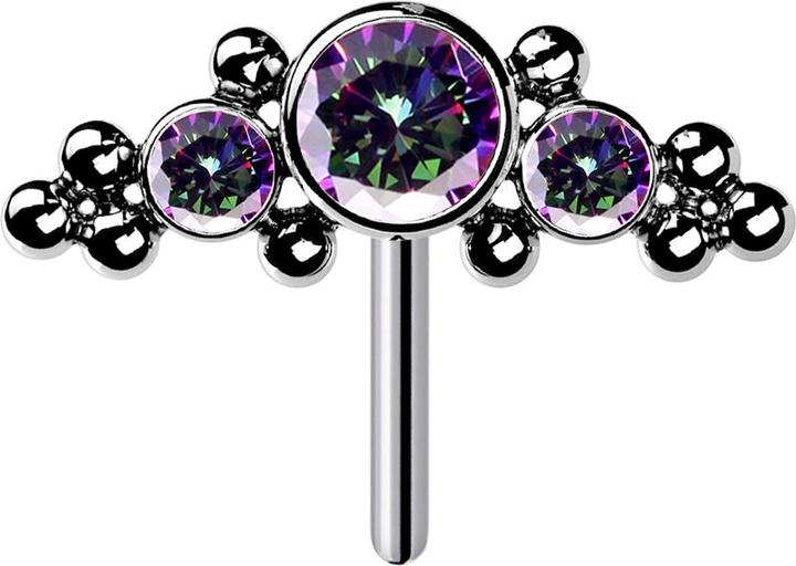 Image du produit Star Piercing Threadless argent front centré avec des boules et trois cristaux multicolores foncés (sans laiton, Titane)