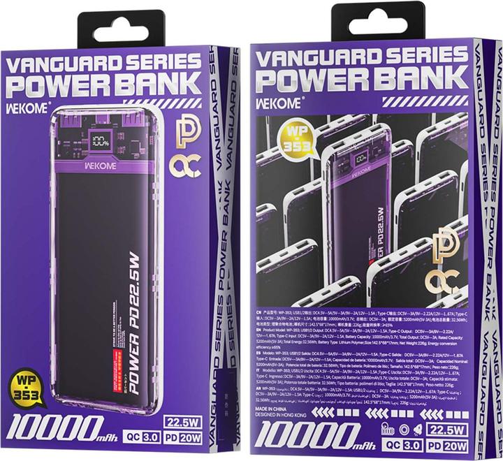 Actual product image Wekome WP-353 Vanguard-Serie – Powerbank 10000 mAh PD 20 W + QC 22,5 W (Lila / Transparent) (10000 mAh, 22.50 W, 37 Wh)