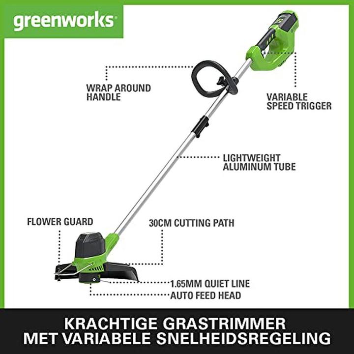 Produktbild Greenworks G40LTK2, Trimmer, 40V, Frontmonteret, m/2x2Ah batteri og universal lader (Trimmfaden)