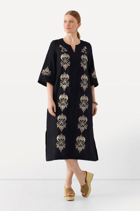 Produktbild Ulla Popken Leinen-Maxikleid, Stickerei, Tunika-Ausschnitt, 3/4-Arm (46)