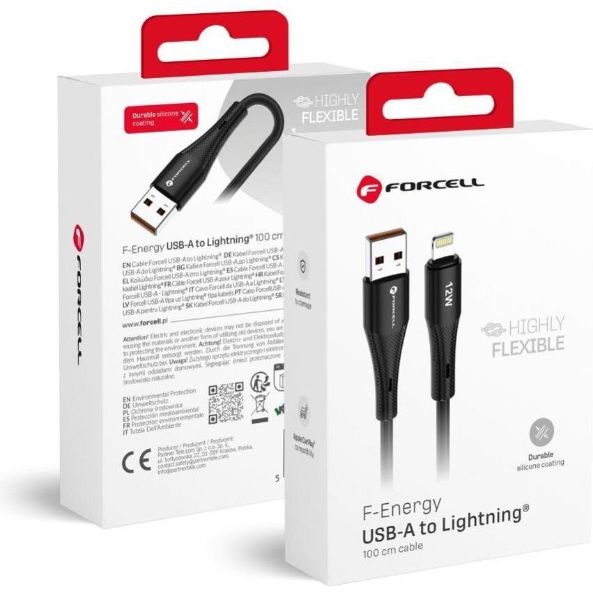 Forcell Cable F-ENERGY C343 cable USB A to Lightning 2,4A 12W Silicone 1 m black (1 m, USB 2.0, 12 W), Cavo USB