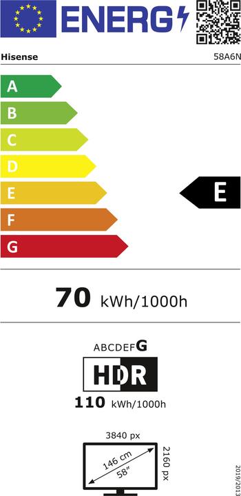 Label énergétique Hisense TV 58A6N (58", LCD, DHU, 2024)