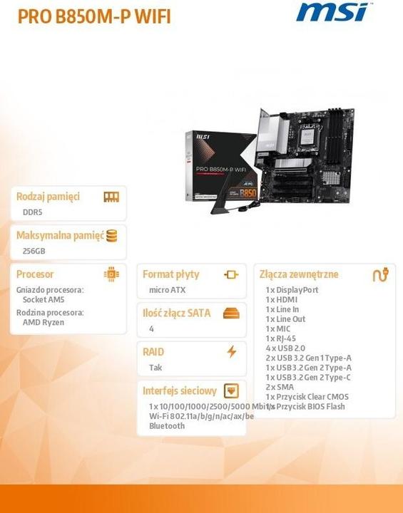 Actual product image MSI Pro B850M-P Wifi (B850,AM5,mATX,DDR5) (AM5, AMD B850, mATX)