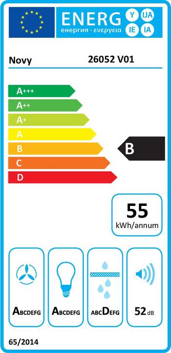 Energie-Label NOVY Hood Crystal 26052 Canopy, Energy efficiency class B, Plotis 60 cm, 600 m³/h, Push buttons, LED (Flachschirmhaube)