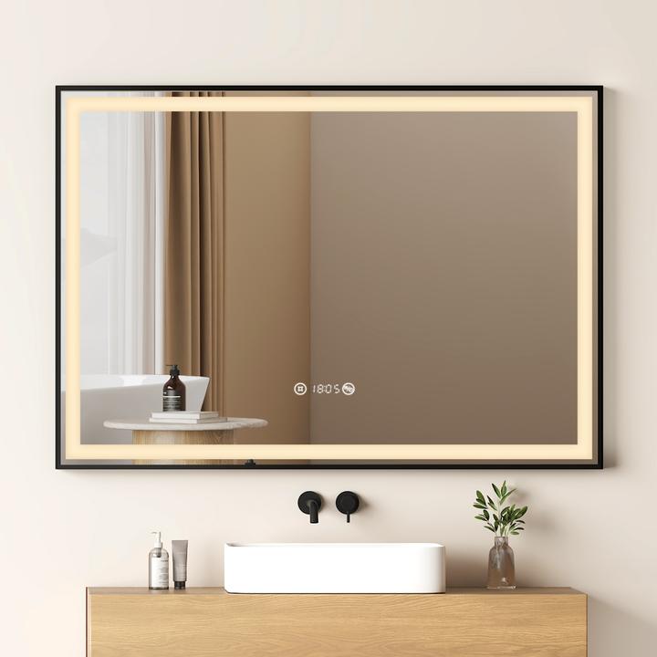 Emke Bathroom Mirror With Lighting 100*70cm,Fog-Free, Temperature&Time Cool-White(6500K), Dimmable
