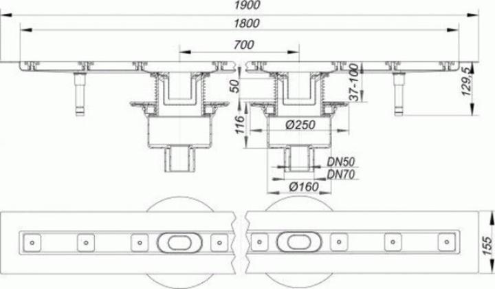 Produktbild Dallmer Duschrinne CeraLine senkrecht F 521736, 1800mm, DN 50/ DN 70 Bauhöhe 110mm (2020 mm)
