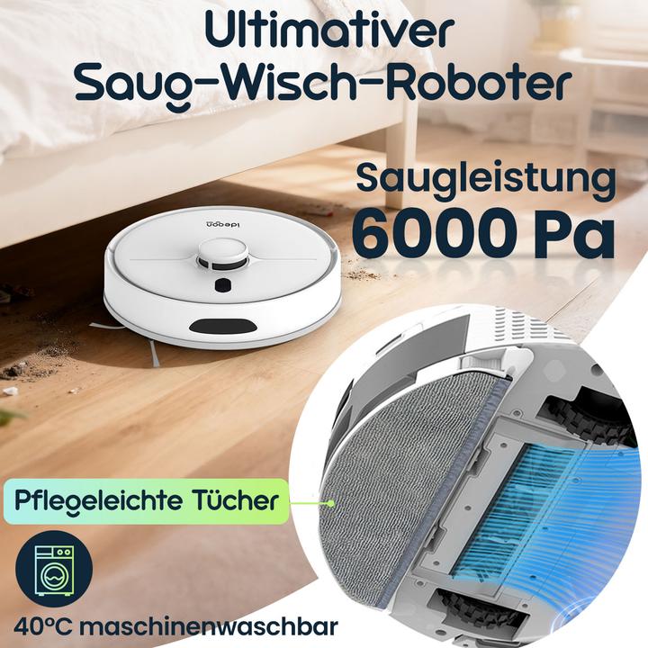 Produktbild Ideoon Saugroboter mit Wischfunktion, SmartLife, App-Steuerung, Laser-Navigation, weiss (6000 Pa, Wischtuch)