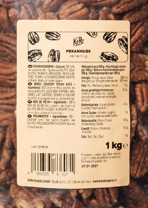 Nutritional values and ingredients KoRo Pecan kernels (1000 g)