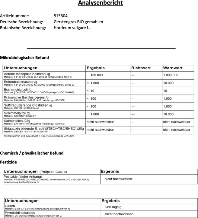 Nährwerte und Zutaten Zimmerli Adaptogene Gerstengras Pulver (BIO) (1 Stück, Pulver, 100 g)