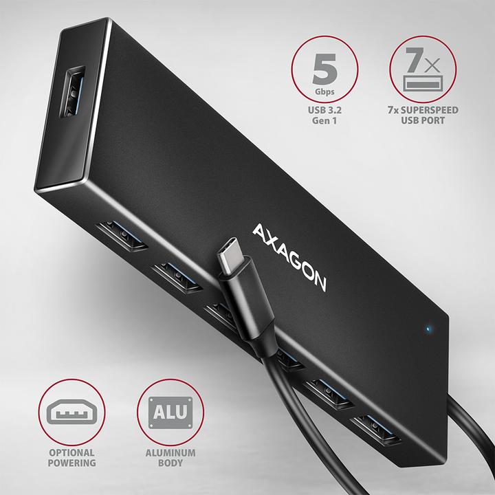 Image du produit Axagon HUE-F7A 7x USB 3.2 Gen 1 Aluminium Flat Hub, câble USB-C de 30 cm (USB-C, 7 ports)