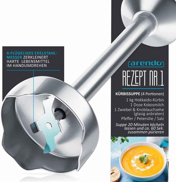 Produktbild Arendo Stabmixer & Messbecher, 1000W Edelstahl Pürierstab Grau, vierflügeliges Messer, stufenlose Regelung