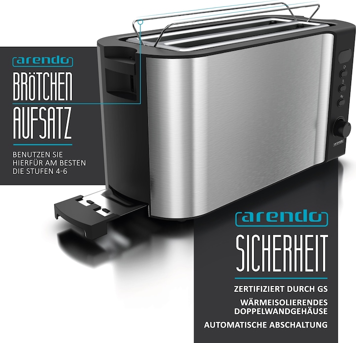 Produktbild Arendo Edelstahl Toaster 4 Scheiben Langschlitz, Doppelwand, Brötchenaufsatz, Display mit Restzeitanzeige