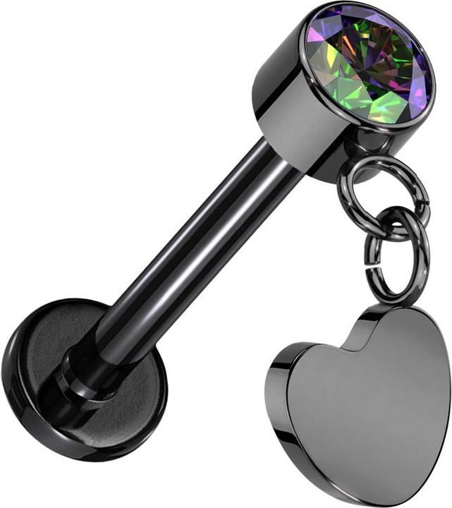 Produktbild Star Piercing Micro Threadless Labret schwarz Zylinder schwarz Kristall dunkel multicolor Anhänger Herz schwarz (Titan, ohne Messing)