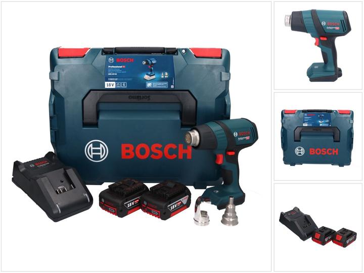 1x Bosch GHG 18V-50 Professional Souffleur d'air chaud sans fil - 1x Buse réflectrice, 32 x 33 mm - 1x Buse de réduction, 9 mm - 2x Bosch GBA 18 V 5,0 Ah Batterie - 1x Bosch GAL 18V-40 Chargeur - 1x Bosch L-Boxx