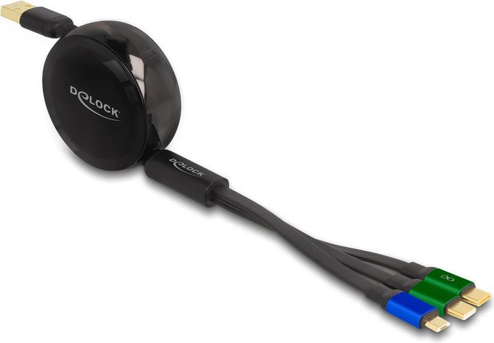Actual product image Delock USB retractable charging cable 7.60cm (3"") 1 Type-A to Micro USB / 2 x USB Type-C™ with fast (1.13 m, USB 2.0, 10 W)