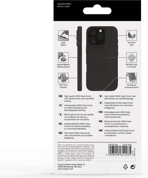 Immagine prodotto Vivanco MAG HYPE Cover per iPhone 16 Pro, nera, supporto MagSafe (Apple iPhone 16 Pro)
